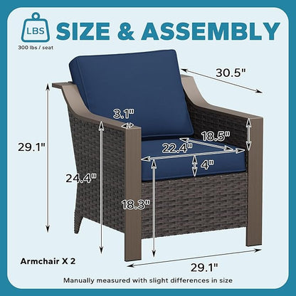 Outdoor Armchairs Set of 2, Patio Metal Wicker Conversation Furniture Set, Premium & Washable Cushions, Durable PE Rattan, Metal Armrests with Wood Grain, Backyard (Navy Blue)