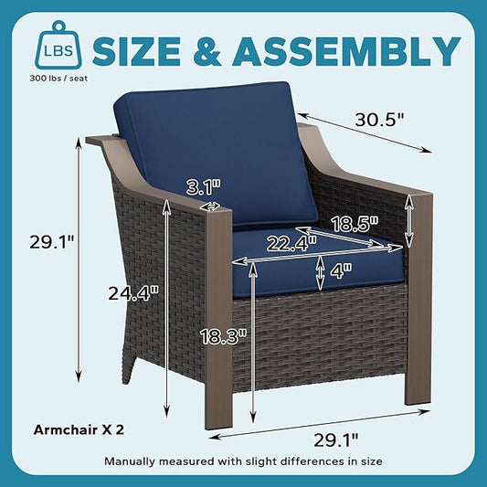Outdoor Armchairs Set of 2, Patio Metal Wicker Conversation Furniture Set, Premium & Washable Cushions, Durable PE Rattan, Metal Armrests with Wood Grain, Backyard (Navy Blue)