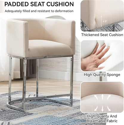Contemporary Cream Linen Bar Stools Set of 3, 24" Upholstered Fabric Counter Height Barstools Kitchen Counter Island Stools with Screwed Together Chrome Finish Base