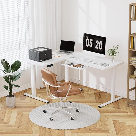 FLEXISPOT L Shaped Standing Desk, 63 x 47 Inch Electric Height Adjustable Corner Desk, Sit Stand Computer Workstation, Preset Controller, Home Office, White Frame with White Top, White Drawer