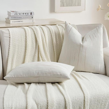 FUTEI Cream Chenille Decorative Throw Pillow Covers 20x20 Inch Set of 2,Soft Embossed Striped Textured Cushion Case,Modern Home Decor for Couch Bed Living Room