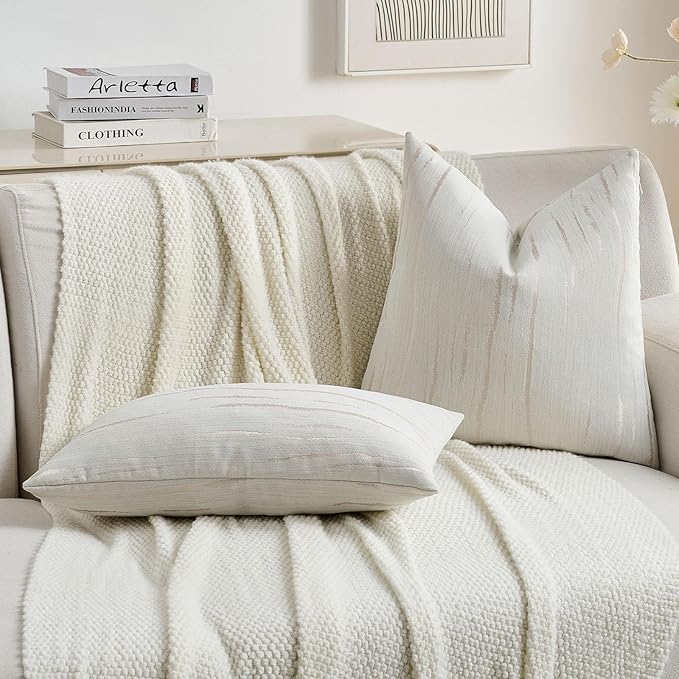 FUTEI Cream Chenille Decorative Throw Pillow Covers 18x18 Inch Set of 2,Soft Embossed Striped Textured Cushion Case,Modern Home Decor for Couch Bed Living Room