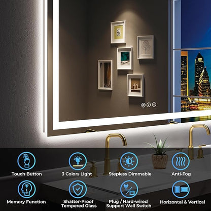 55x30 Inch LED Bathroom Mirror with Lights Front and Backlit Lighted Vanity Mirror for Bathroom Wall with 3 Colors Dimmable Anti-Fog Memory Shatter-Proof IP54 Waterproof Horizontal/Vertical