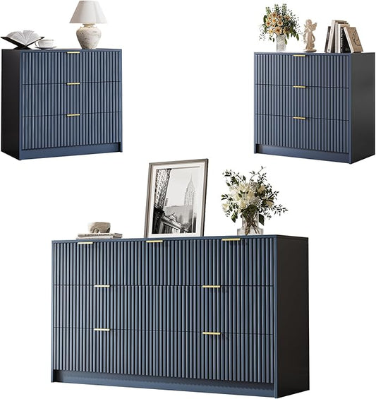 3-Piece Dresser Bedroom Set, 7 Drawer Dresser & 3 Drawer Nightstands with Gold Handles, Fluted Wood Chest of Drawers for Bedroom, Living Room, Entryway, Navy Blue