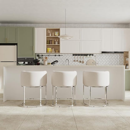 Contemporary Cream Linen Bar Stools Set of 3, 24" Upholstered Fabric Counter Height Barstools Kitchen Counter Island Stools with Screwed Together Chrome Finish Base