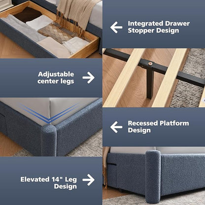 VELOCAVA Queen Size Upholstered Bed Frame with 51.77" Tall Headboard and Soft Rounded Corners, Side Storage Drawers, 12-Slat Support, No Box Spring Needed, Linen-Blend Fabric, Dusty Blue