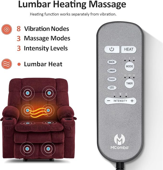 MCombo Dual Motor Power Lift Recliner Chair for Elderly, Lay Flat Lift Chair with Heat and Massage, Petite Wide Lift Chair, Cup Holders, USB A&C Ports, Fabric R7894 (Small-Wide, Burgundy)