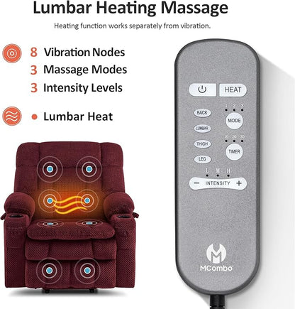 MCombo Dual Motor Power Lift Recliner Chair for Elderly, Lay Flat Lift Chair with Heat and Massage, Petite Wide Lift Chair, Cup Holders, USB A&C Ports, Fabric R7894 (Small-Wide, Burgundy)