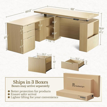 63 Inches L Shaped Standing Desk, Executive Standing Desk with Drawers and File Cabinet, AC/USB, 1.18" Desktop, Multi-sized Storage Cubby, Privacy Panel, Fluted Computer Desk, Light Walnut