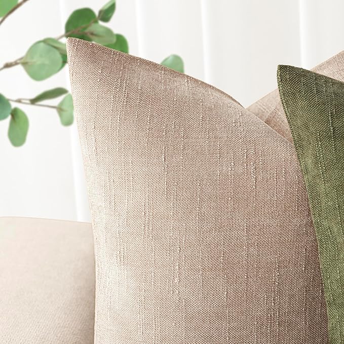 Foindtower Set of 2 Soft Textured Chenille Throw Decorative Pillow Covers Square Accent Solid Cushion Cover Cozy Neutral Farmhouse Pillow Case for Couch Sofa Bedroom Living Room 24x24 Inch,Cream Camel