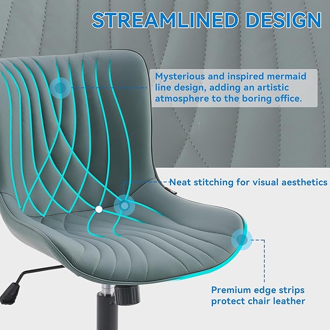 YOUNIKE Office Chair Armless Desk Chair with Wheels, Home Office Computer Task Chair, Modern Faux Leather Upholstered Vanity Chair, Adjustable Swivel Rolling Office Chairs, Greyishgreen