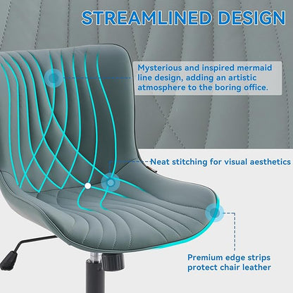 YOUNIKE Office Chair Armless Desk Chair with Wheels, Home Office Computer Task Chair, Modern Faux Leather Upholstered Vanity Chair, Adjustable Swivel Rolling Office Chairs, Greyishgreen