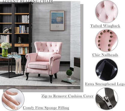 Mid Century Modern Accent Chair Upholstered Armchair Comfy Velvet Fabric Single Sofa with Tufted Wingback for Small Spaces Bedroom Living Room, Pink