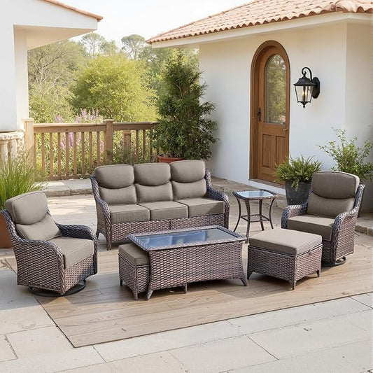 Belord Luxury 6" Thick Cushioned 7 Pieces Patio Furniture Set with Outdoor Couch, Wicker Outdoor Conversation Set with High Back Swivel Rocker Chairs for Deck Porch Yard and Poolside - Brown+Grey