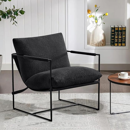 Furnilivng Large Sling Accent Chair Set of 2, Comfortable Boucle Fabric Arm Chair, Upholstered Cozy Reading Chair for Living Room, Bedroom, Dressing Room, Home Office, Black