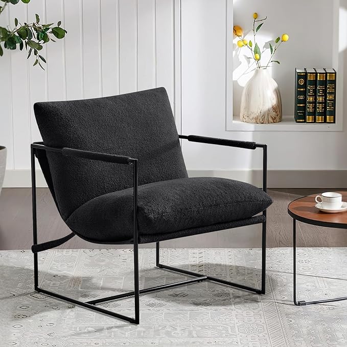 Furniliving Sling Accent Chair with Metal Frame, Comfortable Boucle Fabric Arm Chair, Upholstered Cozy Reading Chair for Living Room, Bedroom, Dressing Room, Home Office, Black