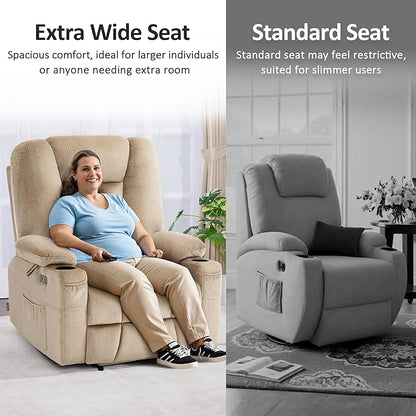 MCombo Oversized Power Lift Recliner Chair with Massage and Heat for Big and Tall Elderly People, Cup Holders, USB Ports, Side Pockets, Fabric R7541 (Beige, Large-Oversize)