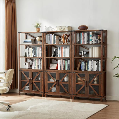 5 Tier Bookshelf 70" Tall Bookcase with Barn Doors,Large Farmhouse Display Book Shelf with Adjustable Shelves and Storage Cabinet,Wood Bookshelves for Living Room,Kitchen,Brown(2PCS)