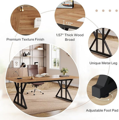 Tribesigns 70.86-Inch Large Executive Desk, Industrial Home Office Computer Desk, Simple Long Writing Study Table Business Furniture (Light Brown/Black)