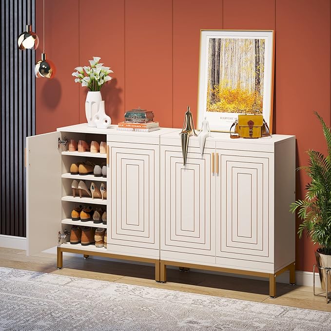 LITTLE TREE Shoe Cabinet with Doors, 20 Pairs Entryway Shoe Storage Cabinet Modern Storage Organizer for Closet, Living Room, Bedroom (White/Gold)