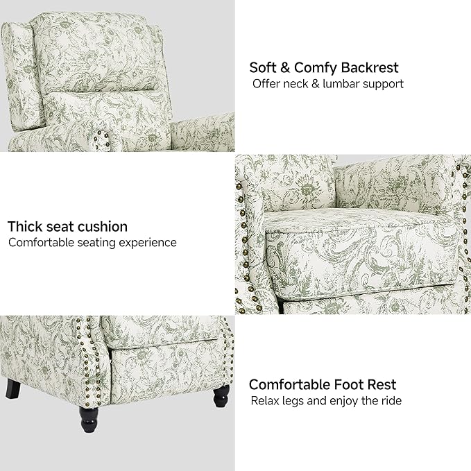 Lumibee Recliner Chairs Set of 2, Wingback Recliner Chairs for Living Room, Modern Upholstered Fabric Pushback Armchairs with Adjustable Backrest & Footrest for Small Spaces,Bedroom-Rococo Green