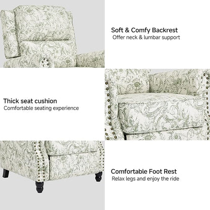 Lumibee Recliner Chair, Wingback Recliner Chair for Living Room, Modern Upholstered Fabric Pushback Armchair with Adjustable Backrest & Footrest for Small Spaces,Bedroom-Rococo Green