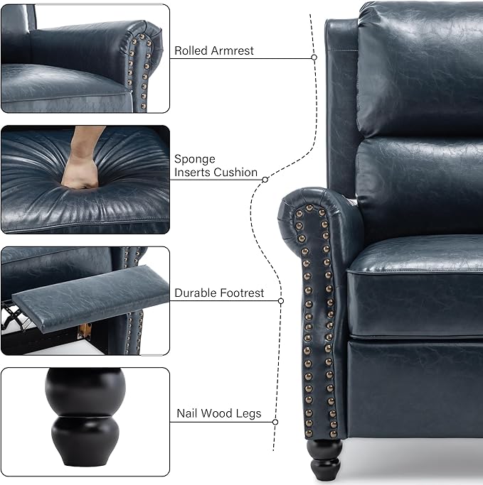 Faux Leather Recliner Chair, Modern Pushback Armchair with Adjustable Backrest & Footrest for Bedroom, Living Room (Dark Blue, Set of 2)