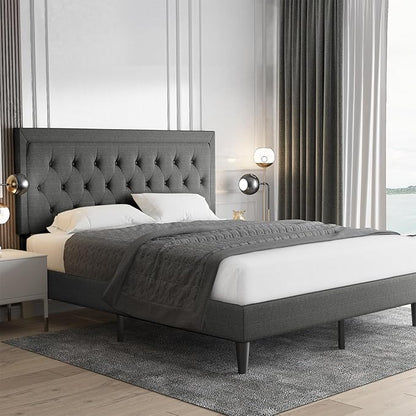 Allewie King Size Fabric Upholstered Bed Frame with Diamond Button Tufted/Adjustable Headboard/Wood Slat Support/Mattress Foundation/Dark Grey