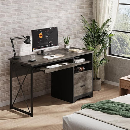 Bestier 47" Office Desk with Drawers, Industrial Computer Desk with Drawer, Reversible Teacher Desk with Storage & Keyboard Tray for Small Space Home Office & Studio, Gray Wash