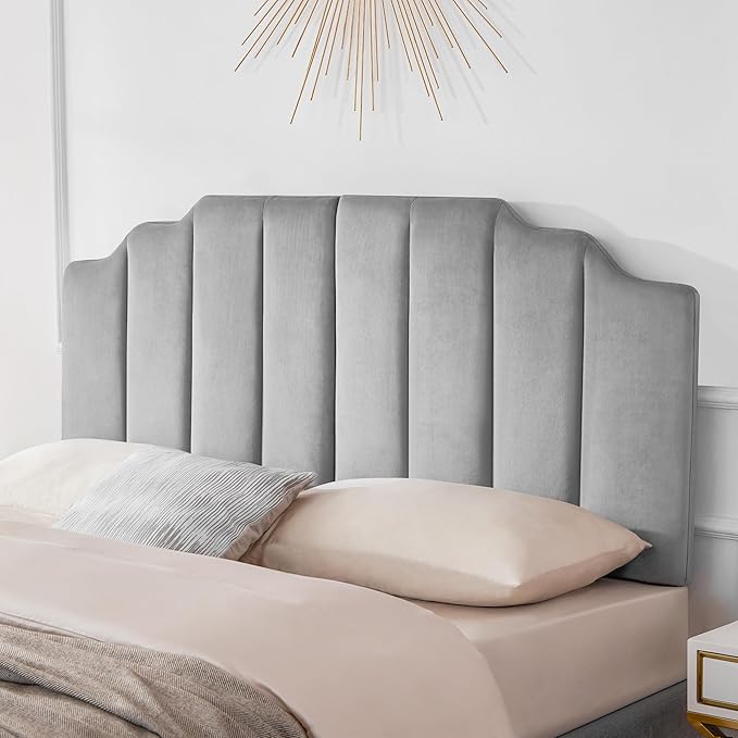Velvet Upholstered Headboard Queen, Tufted Headboard, Elegantly Curved headboard only, Soft Padded headboards Queen Size, Modern Vertical Channel Design Head Board, Soft Grey