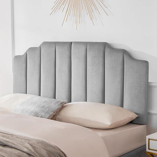 Velvet Upholstered Headboard Queen, Tufted Headboard, Elegantly Curved headboard only, Soft Padded headboards Queen Size, Modern Vertical Channel Design Head Board, Soft Grey
