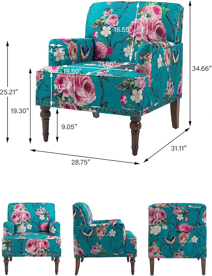 Accent Chair, Mid Century Modern Comfy Armchair for Living Room, Linen Fabric Single Sofa Lounge for Reading Bedroom Apartment Waiting Room with Wood Legs (Floral, Set of 1)