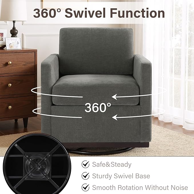 UIXE Swivel Accent Chair, Chenille Upholstered Armchair Comfy Club Chair for Living Room, Mid Century Modern Arm Chair Single Sofa Nook Bedroom Side Reading Seat - Gray