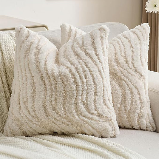 FUTEI Cream Decorative Throw Pillow Covers 22x22 Inch Set of 2,Soft Faux Fur Geometric Shapes Texture Cushion Case,Boho Home Decor for Couch Bed Living Room
