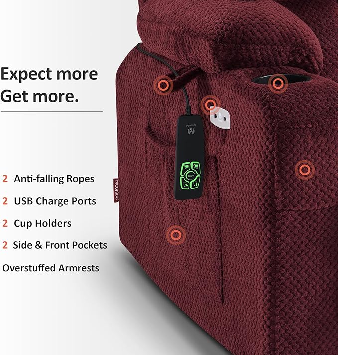 MCombo Dual Motor Power Lift Recliner Chair for Elderly, Lay Flat Lift Chair with Heat and Massage, Petite Lift Chair, Cup Holders, USB A&C Ports, Fabric 7893 (Small, Burgundy)