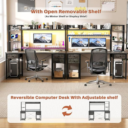 Aheaplus Desk with LED and Outlets, Gaming Desks with Hutch, 55.2'' Computer Desk with Drawers, Reversible Office Desk with Storage Bookshelf Large Workstation with Shelf, Desk for Home, Black Oak