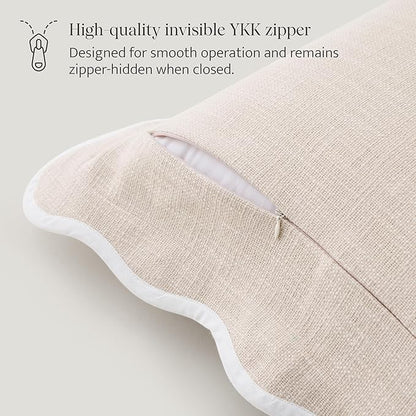 Double Stitch Scalloped Throw Pillow Covers - 100% Cotton Decorative Boho Pillow Covers 20 x 20, Made in India, Square Cushion Case, Modern Home Decor for Couch Sofa Living Room, Oat Milk