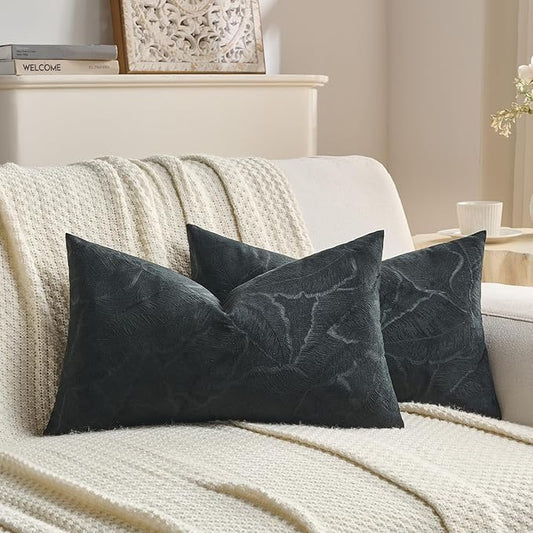 FUTEI Black Velvet Throw Pillow Covers 12x20 Inch Set of 2,Soft Embossed Leaf-Relief Textured Lumbar Pillow Cases,Natural Home Decor for Couch Living Room