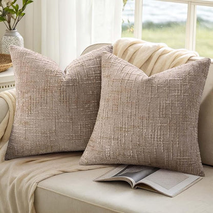 decorUhome Fall Oatmeal Chenille Throw Pillow Covers 18x18 Set of 2 Thick Textured Slubby Couch Pillow Covers Farmhouse Accent Modern Neutral Decorative Pillow Cases for Bed Sofa Living Room
