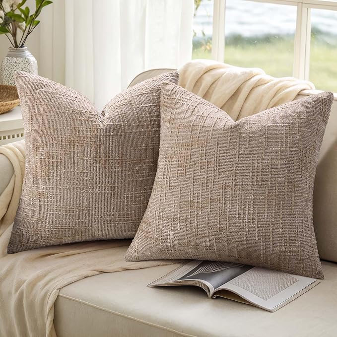 decorUhome Oatmeal Chenille Throw Pillow Covers 22x22 Set of 2 Thick Textured Slubby Couch Pillow Covers Farmhouse Accent Modern Neutral Decorative Pillow Cases for Bed Sofa Living Room