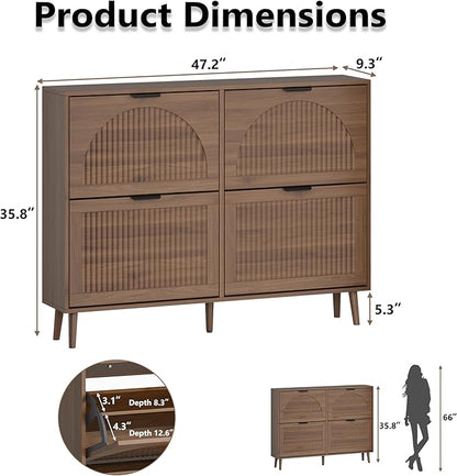 Shoe Cabinet for Entryway with 4 Flip Drawers, Slim Wooden Shoe Storage Organizer with Modern Fluted Pannel，Freestanding Narrow Hidden Shoe Rack for Hallway, Foyer, Living Room
