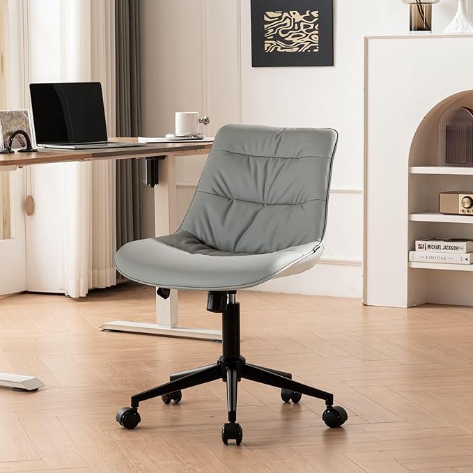 Rowill Leather Office Chair, Ergonomic Armless Desk Chair with Waterproof Cushion & Slient Wheels & SGS-Certified Class 3 Explosion-Proof Gas Lift, Ideal for Home Office, Study and Vanity(Grey)