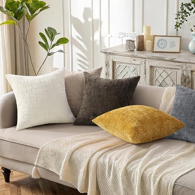 decorUhome Mustard Yellow Chenille Throw Pillow Covers 16x16 Set of 2 Thick Textured Slubby Couch Pillow Covers Farmhouse Accent Modern Neutral Decorative Pillow Cases for Bed Sofa Living Room