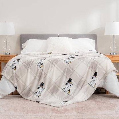 Berkshire Blanket Peanuts® VelvetLoft® Cute Character Snoopy Plush Blanket,Lakeside Plaid Harvest Snoopy and Woodstock Grey,King 90 in x 108 in (Official Peanuts® Product)