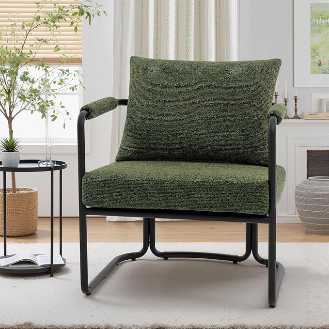 Single Accent Chair for Living Room, Mid Century Modern Upholstered Reading Armchair for Bedroom, Office, with Comfy Chenille Cushion Back & Metal Frame, Green