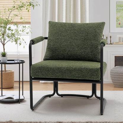 Single Accent Chair for Living Room, Mid Century Modern Upholstered Reading Armchair for Bedroom, Office, with Comfy Chenille Cushion Back & Metal Frame, Green