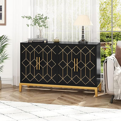 HLR Accent Cabinet with 4 Doors&Shelves, Sideboard Buffet Cabinet with Gold Trim, Modern Black Storage for Living Room, Entryway, Kitchen, Dining Room, Hallway