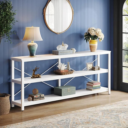 Tribesigns 70.9-Inch Extra Long Console Table, 3-Tier Industrial Sofa Table with Metal Frame, Modern Behind Couch Table with Storage Shelves for Living Room Entryway Hallway Foyer (White)