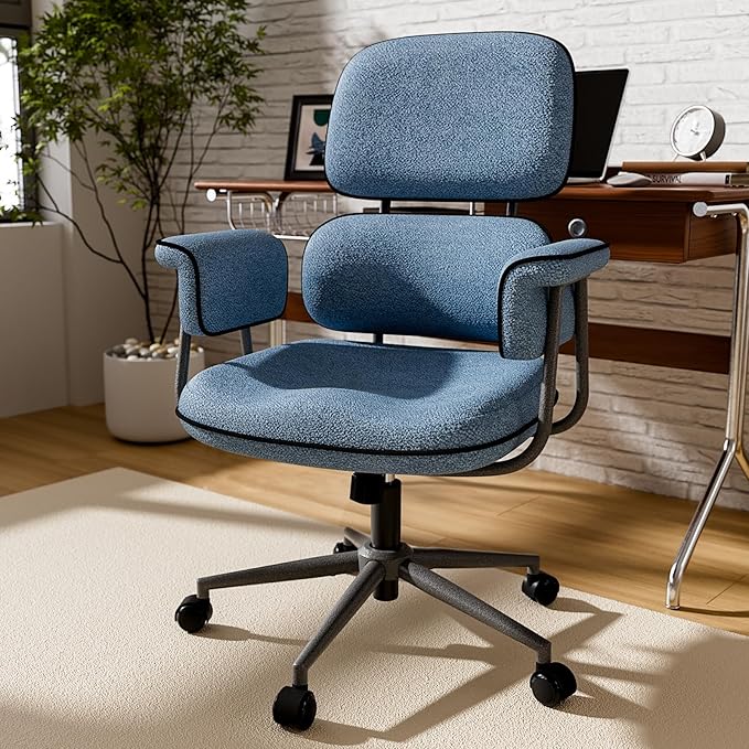Blue Desk Chair with Wheels and Wide Arms, Soft Granular Linen Fabric Office Chair, Mid Back Vintage Comfy Home Office Desk Chairs with Molded Cotton Seat Cushion, Adjustable Height