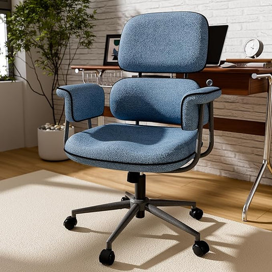 Blue Desk Chair with Wheels and Wide Arms, Soft Granular Linen Fabric Office Chair, Mid Back Vintage Comfy Home Office Desk Chairs with Molded Cotton Seat Cushion, Adjustable Height